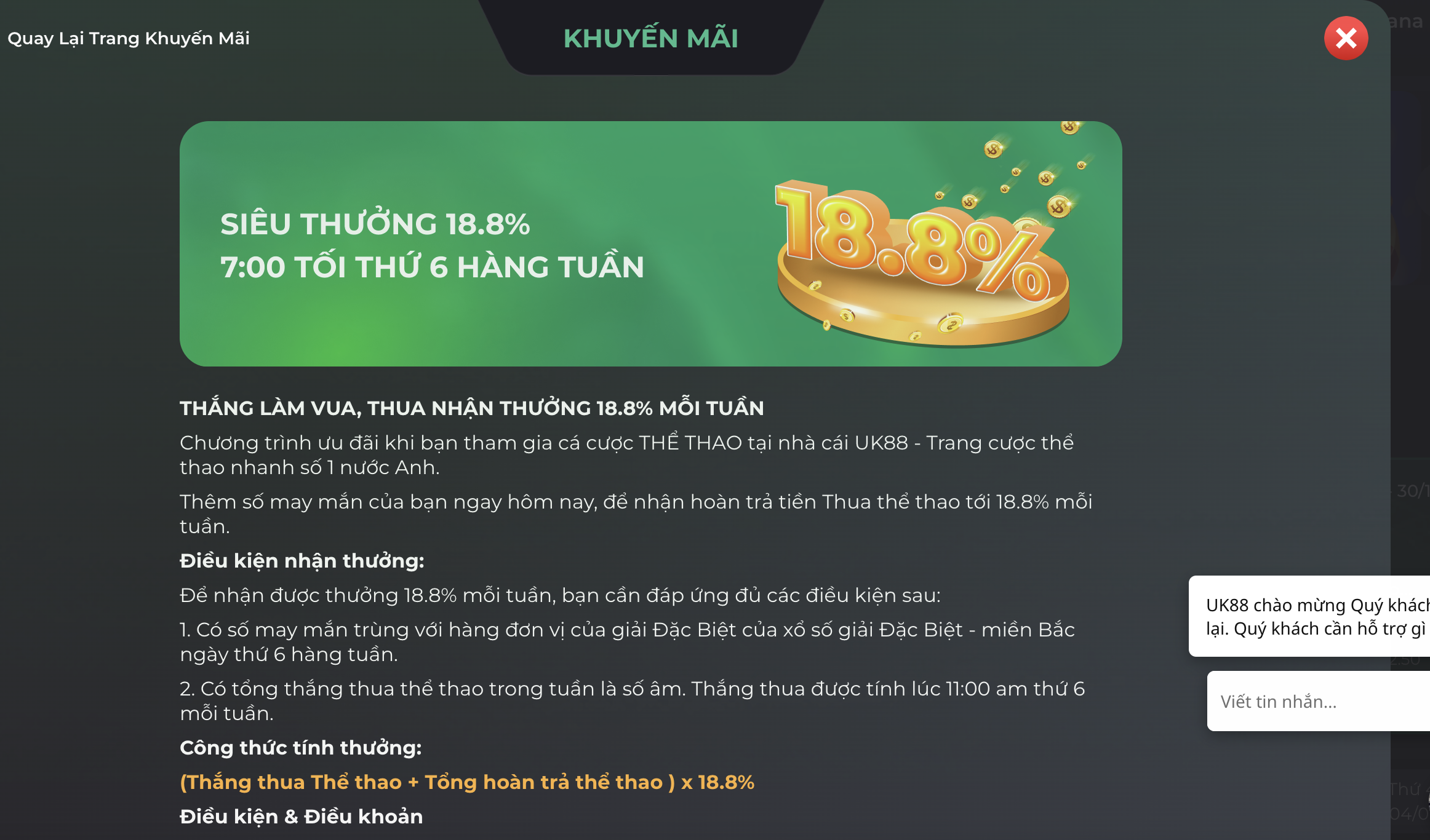 Điều kiện lĩnh thưởng từ chương trình nhận thưởng 18.8% tại UK88 VIP