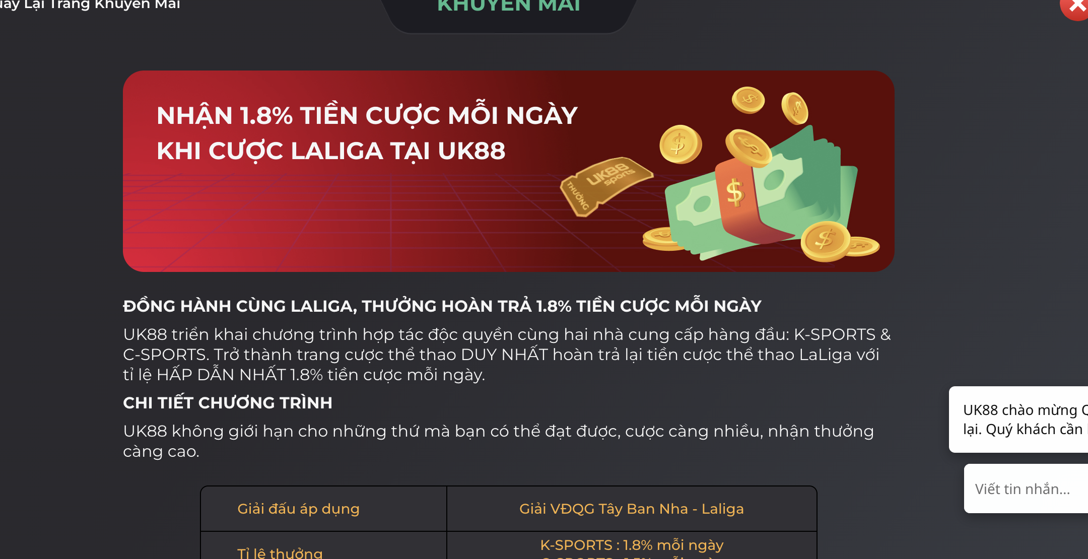 Chương trình khuyến mãi hoàn trả khi thua cược